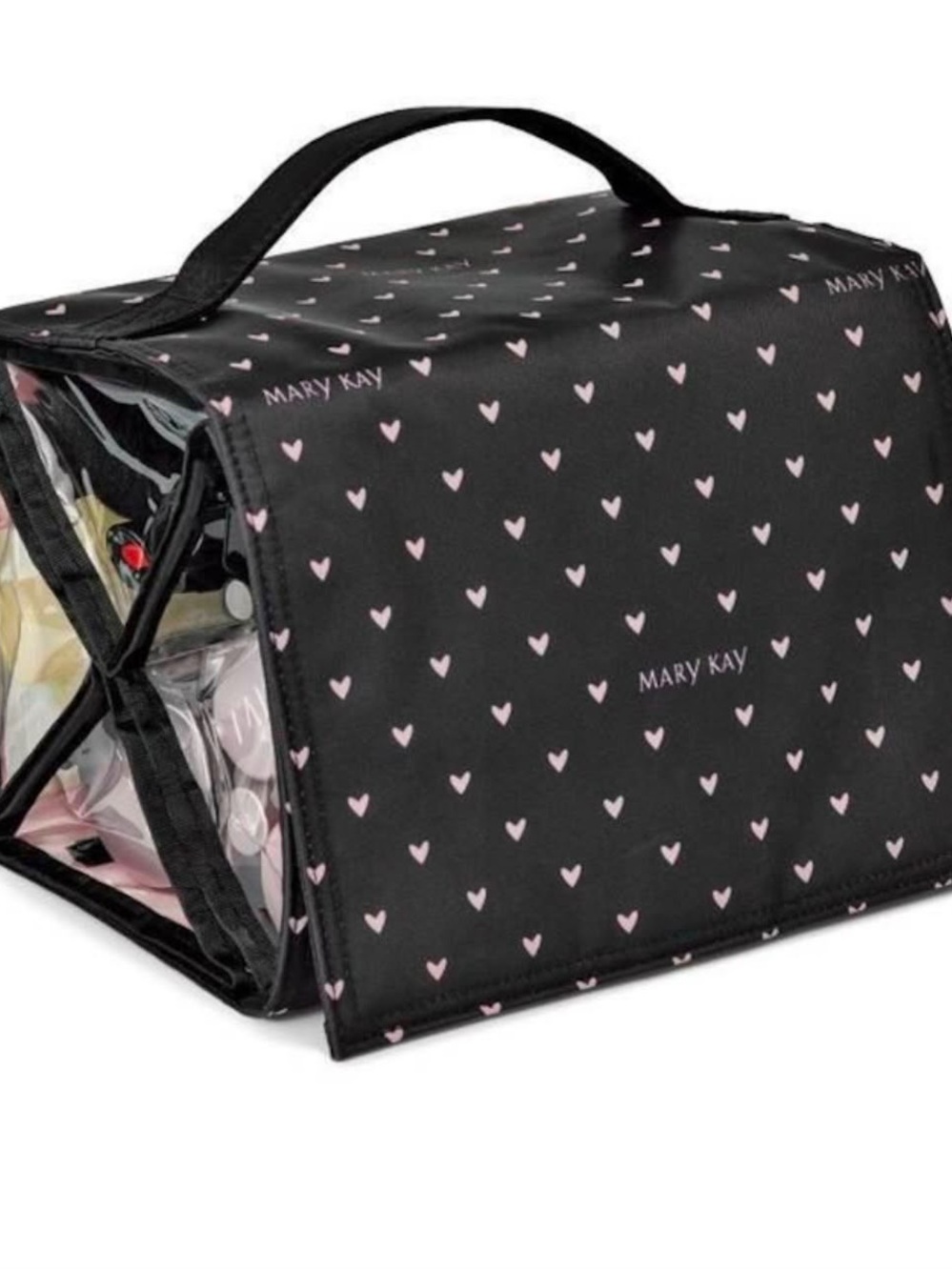 Mary Kay Black Cosmetic Organizer Tote with Pink Heart Print